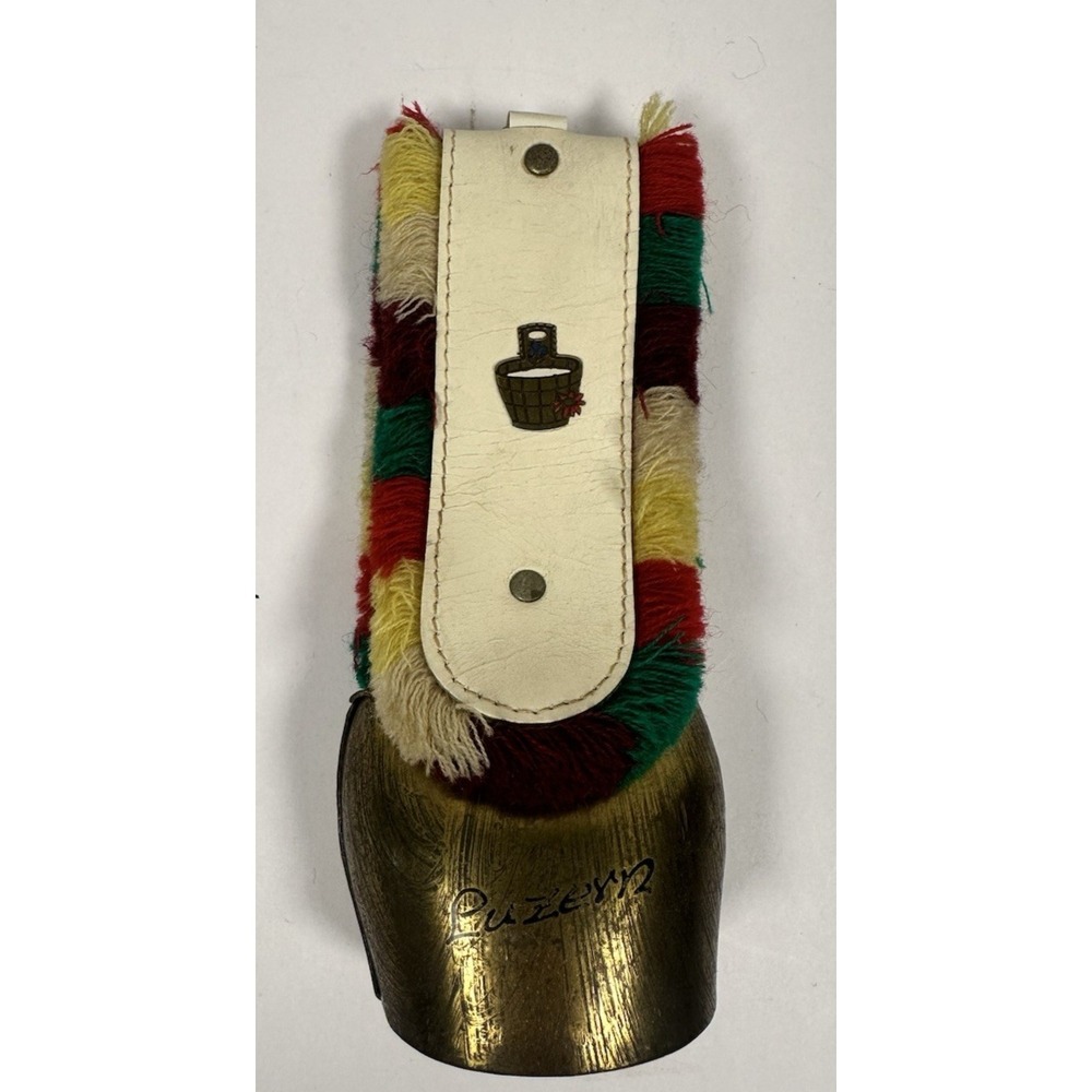 Vintage Swiss Cow Brass Bell Leather Strap 7" Tall Switzerland Luzern Milk Pail